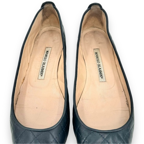 Manolo Blahnik Navy Blue & Black Quilted Patent Leather Toe Ballet Flats sz 37.5 - Picture 4 of 12